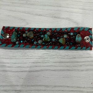 Handcrafted Red and Turquoise Beaded Leather Bracelet